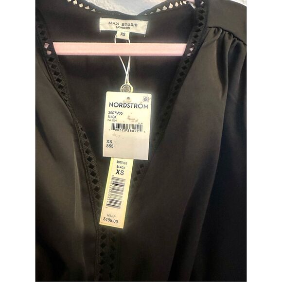 NWT Max Studio Flutter Sleeve Satin Midi Dress in Black.  Size XS - Picture 3 of 14